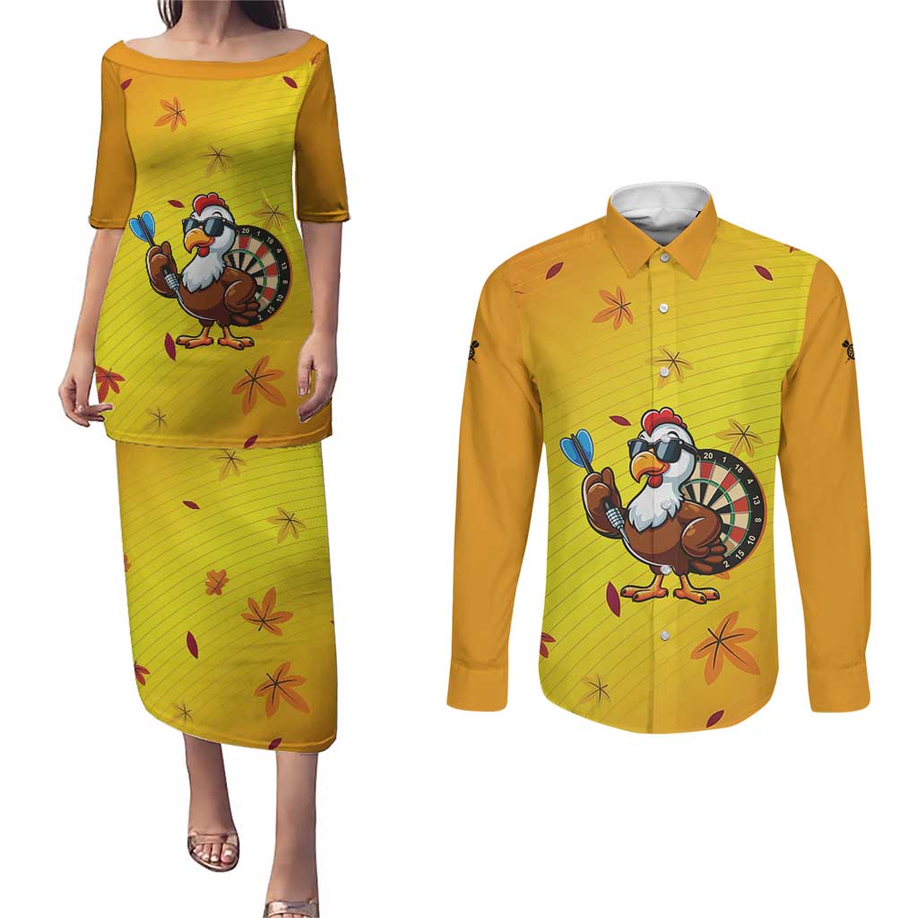 Personalized Funny Turkey Darts Couples Matching Puletasi and Long Sleeve Button Shirt with Sunglasses Dartboard - Wonder Print Shop