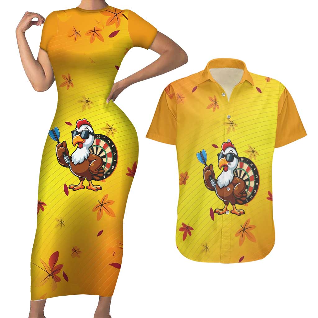 Personalized Funny Turkey Darts Couples Matching Short Sleeve Bodycon Dress and Hawaiian Shirt with Sunglasses Dartboard - Wonder Print Shop