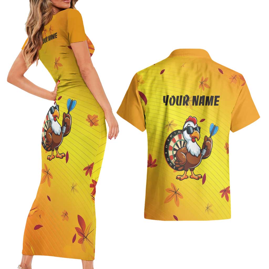 Personalized Funny Turkey Darts Couples Matching Short Sleeve Bodycon Dress and Hawaiian Shirt with Sunglasses Dartboard - Wonder Print Shop