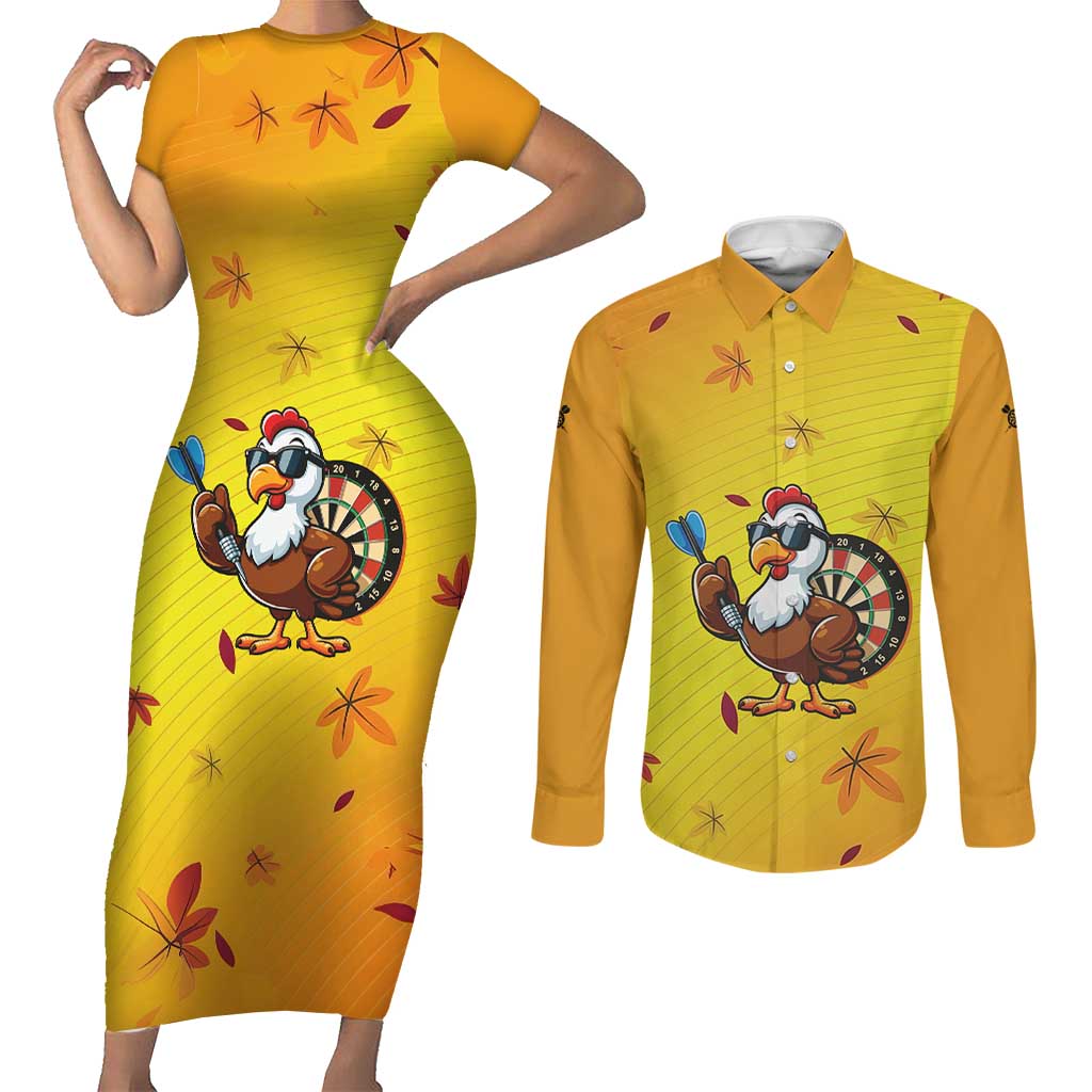 Personalized Funny Turkey Darts Couples Matching Short Sleeve Bodycon Dress and Long Sleeve Button Shirt with Sunglasses Dartboard - Wonder Print Shop
