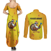 Personalized Funny Turkey Darts Couples Matching Summer Maxi Dress and Long Sleeve Button Shirt with Sunglasses Dartboard - Wonder Print Shop