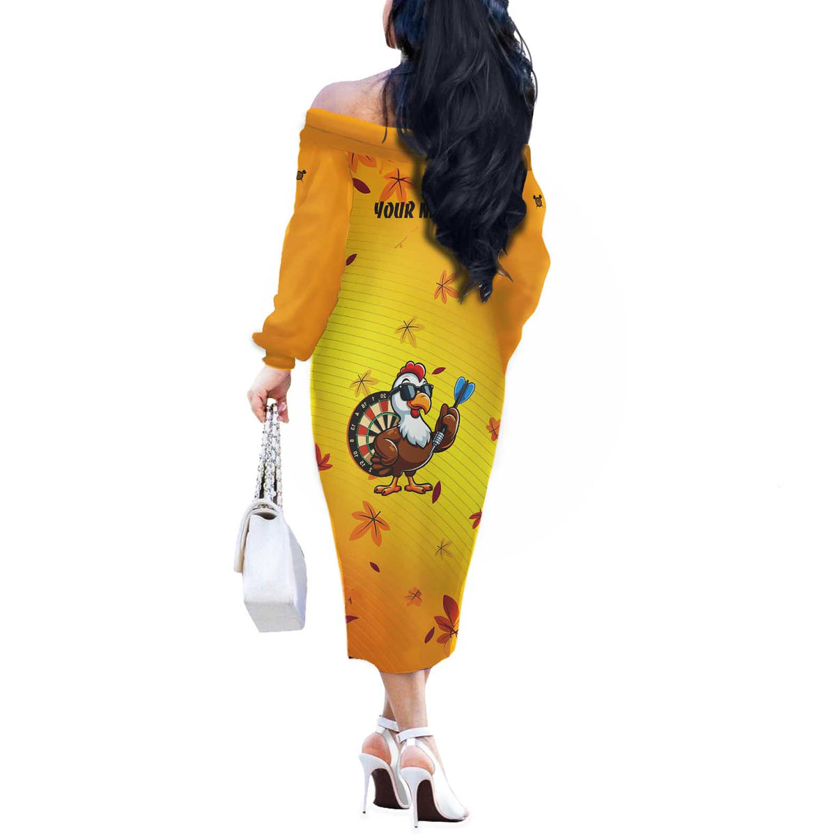 Personalized Funny Turkey Darts Off The Shoulder Long Sleeve Dress with Sunglasses Dartboard - Wonder Print Shop