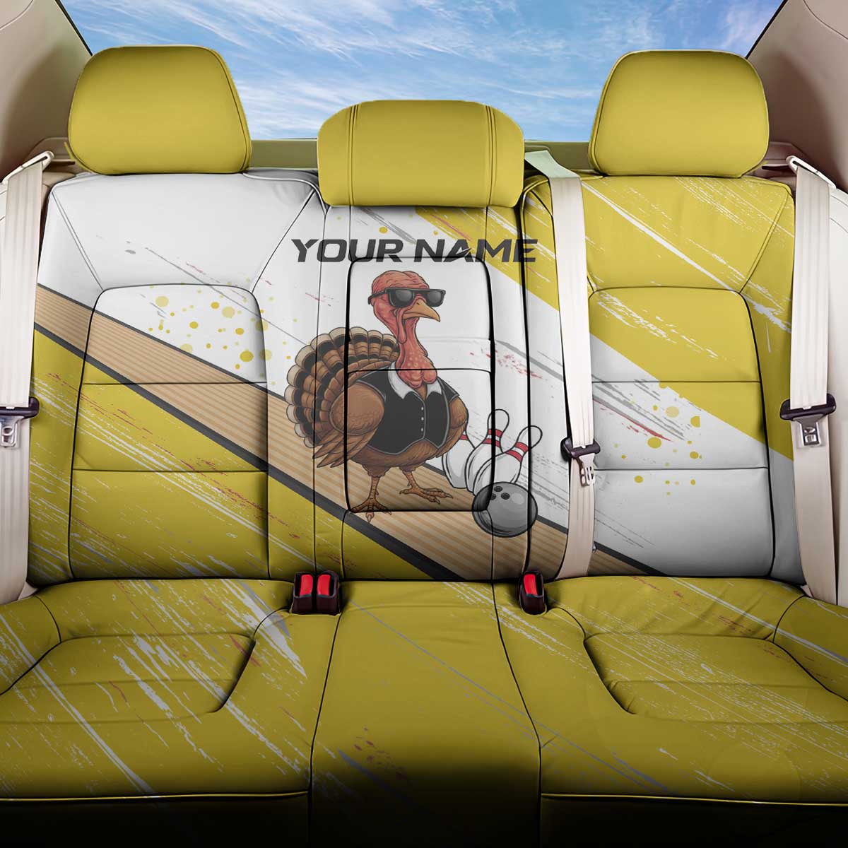 Personalized Funny Turkey Bowling Back Car Seat Cover with Cool Sunglasses Pins Yellow and White - Wonder Print Shop