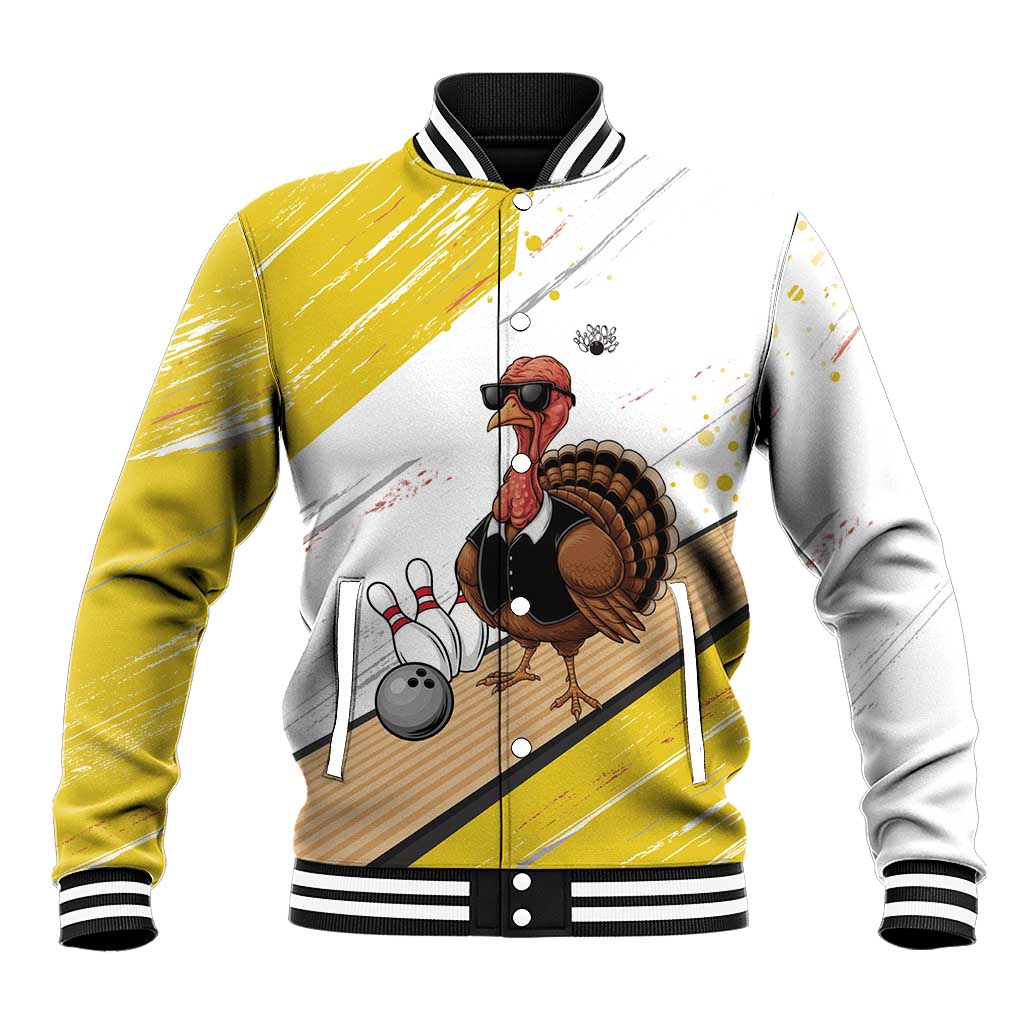 Personalized Funny Turkey Bowling Baseball Jacket with Cool Sunglasses Pins Yellow and White - Wonder Print Shop