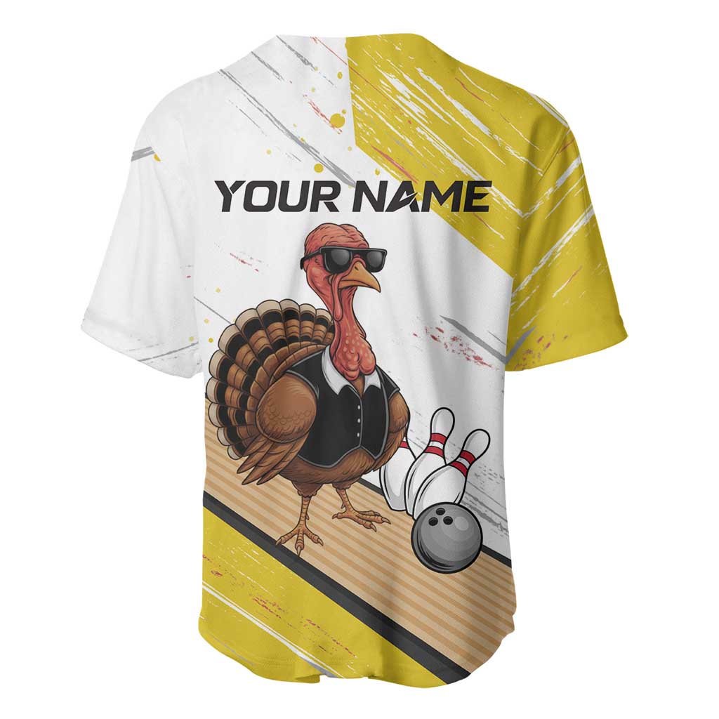 Personalized Funny Turkey Bowling Baseball Jersey with Cool Sunglasses Pins Yellow and White - Wonder Print Shop