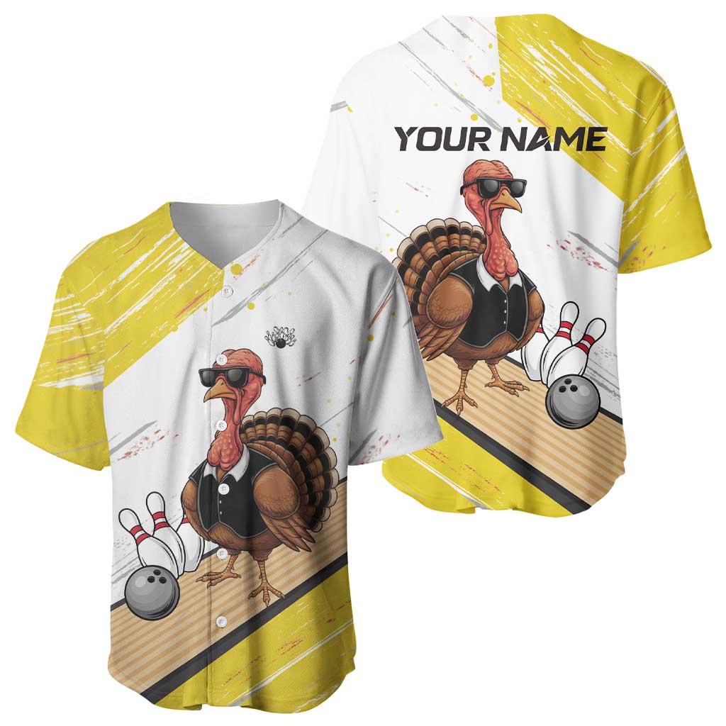 Personalized Funny Turkey Bowling Baseball Jersey with Cool Sunglasses Pins Yellow and White - Wonder Print Shop