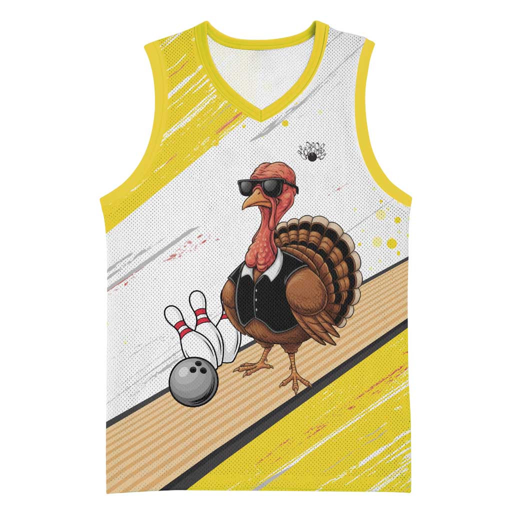 Personalized Funny Turkey Bowling Basketball Jersey with Cool Sunglasses Pins Yellow and White - Wonder Print Shop