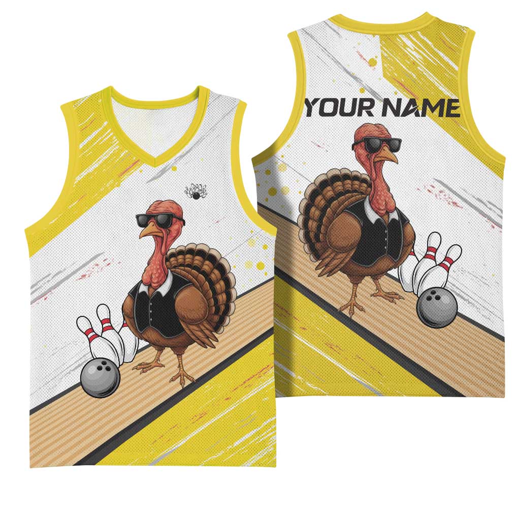 Personalized Funny Turkey Bowling Basketball Jersey with Cool Sunglasses Pins Yellow and White - Wonder Print Shop
