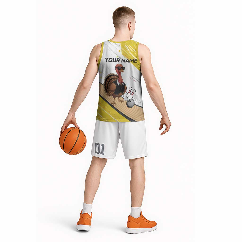 Personalized Funny Turkey Bowling Basketball Jersey with Cool Sunglasses Pins Yellow and White - Wonder Print Shop