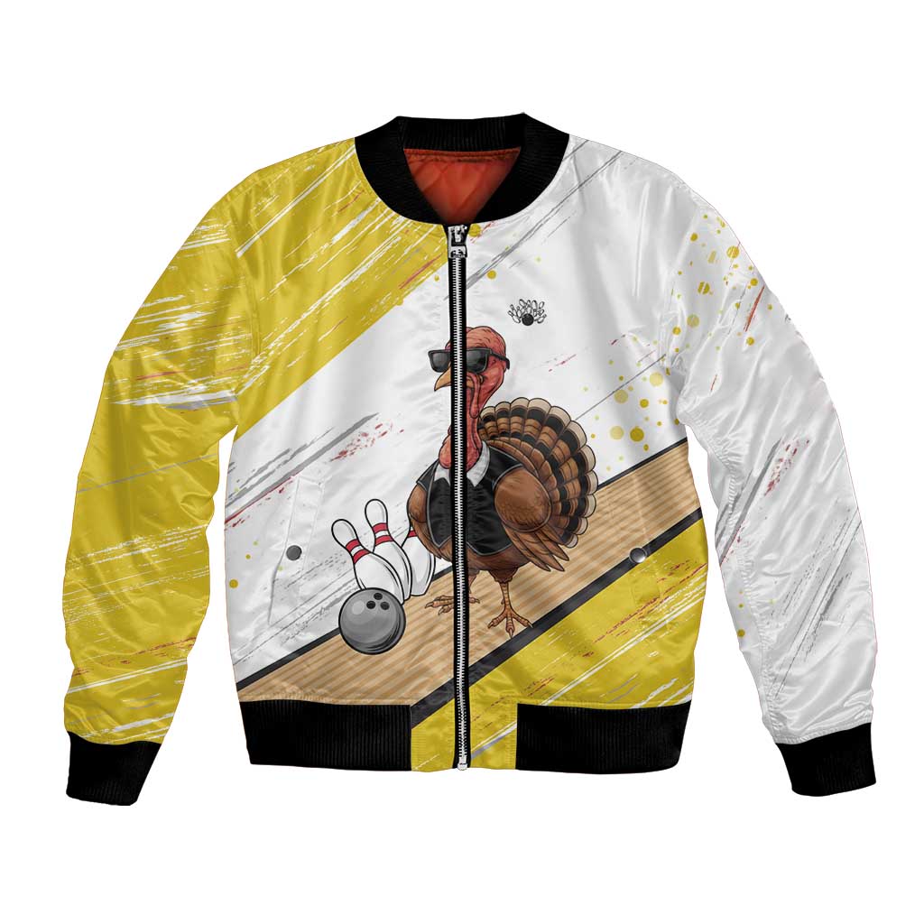 Personalized Funny Turkey Bowling Bomber Jacket with Cool Sunglasses Pins Yellow and White - Wonder Print Shop
