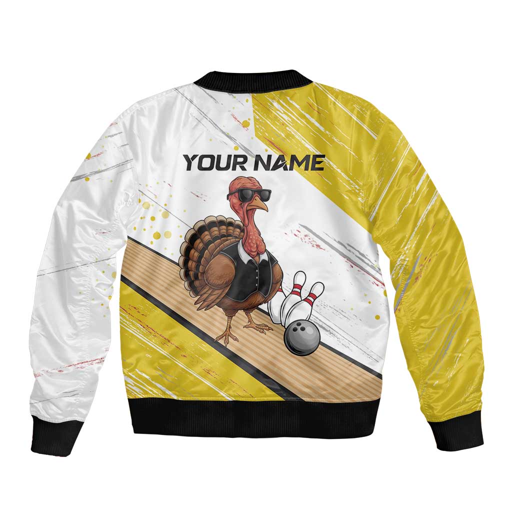 Personalized Funny Turkey Bowling Bomber Jacket with Cool Sunglasses Pins Yellow and White - Wonder Print Shop