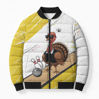 Personalized Funny Turkey Bowling Bomber Puffer Jacket with Cool Sunglasses Pins Yellow and White - Wonder Print Shop
