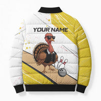 Personalized Funny Turkey Bowling Bomber Puffer Jacket with Cool Sunglasses Pins Yellow and White - Wonder Print Shop