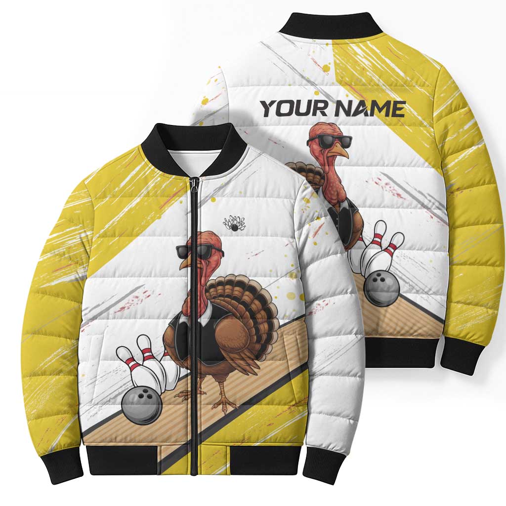 Personalized Funny Turkey Bowling Bomber Puffer Jacket with Cool Sunglasses Pins Yellow and White - Wonder Print Shop