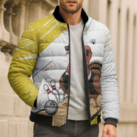 Personalized Funny Turkey Bowling Bomber Puffer Jacket with Cool Sunglasses Pins Yellow and White - Wonder Print Shop