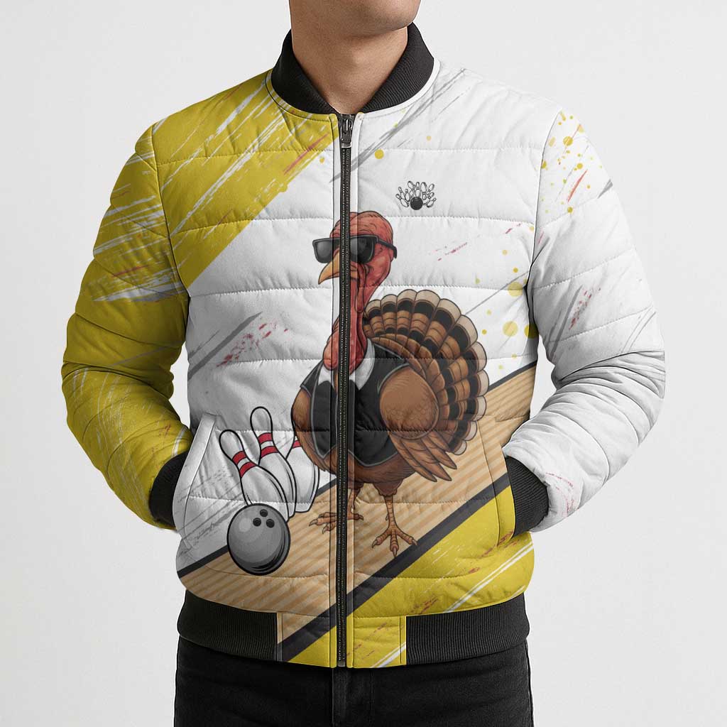 Personalized Funny Turkey Bowling Bomber Puffer Jacket with Cool Sunglasses Pins Yellow and White - Wonder Print Shop
