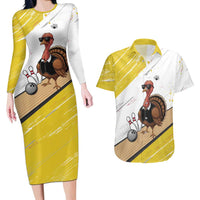 Personalized Funny Turkey Bowling Couples Matching Long Sleeve Bodycon Dress and Hawaiian Shirt with Cool Sunglasses Pins Yellow and White - Wonder Print Shop