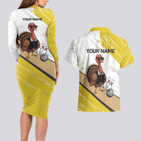 Personalized Funny Turkey Bowling Couples Matching Long Sleeve Bodycon Dress and Hawaiian Shirt with Cool Sunglasses Pins Yellow and White - Wonder Print Shop