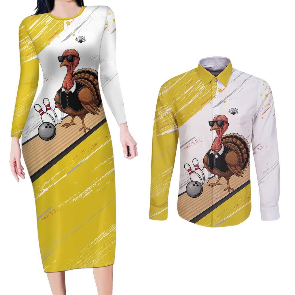 Personalized Funny Turkey Bowling Couples Matching Long Sleeve Bodycon Dress and Long Sleeve Button Shirt with Cool Sunglasses Pins Yellow and White - Wonder Print Shop