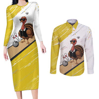 Personalized Funny Turkey Bowling Couples Matching Long Sleeve Bodycon Dress and Long Sleeve Button Shirt with Cool Sunglasses Pins Yellow and White - Wonder Print Shop