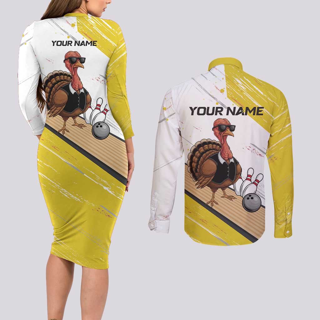 Personalized Funny Turkey Bowling Couples Matching Long Sleeve Bodycon Dress and Long Sleeve Button Shirt with Cool Sunglasses Pins Yellow and White - Wonder Print Shop