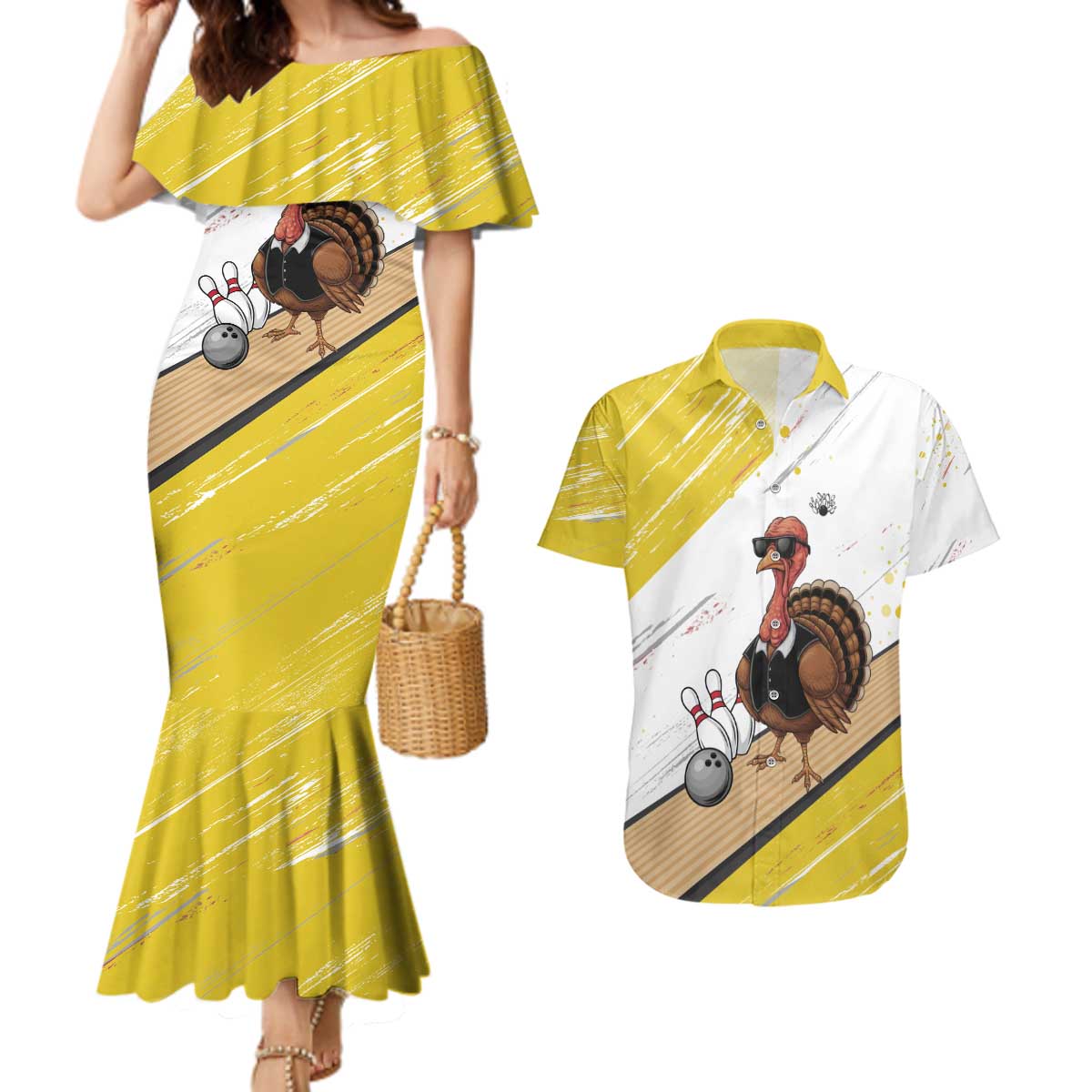 Personalized Funny Turkey Bowling Couples Matching Mermaid Dress and Hawaiian Shirt with Cool Sunglasses Pins Yellow and White - Wonder Print Shop