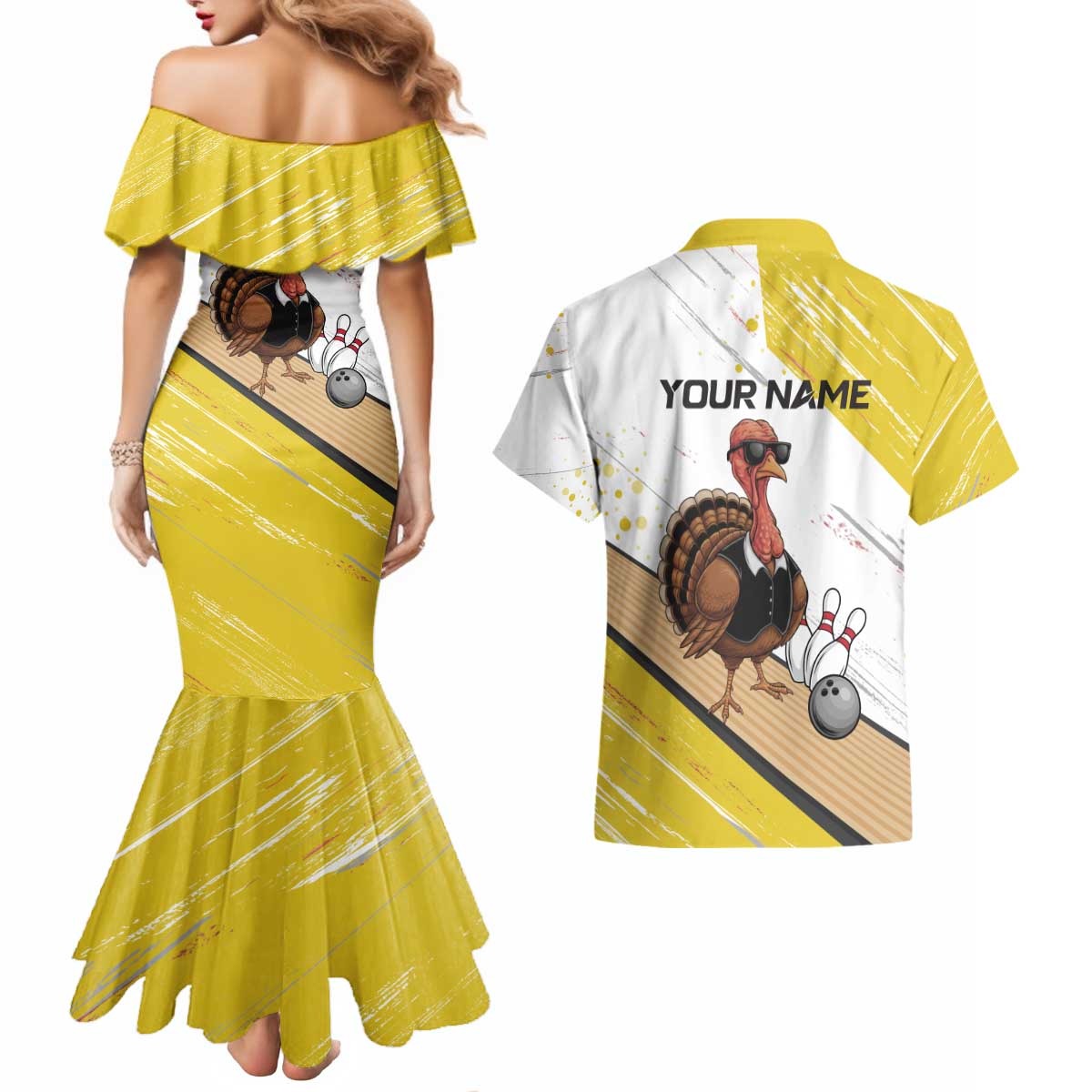 Personalized Funny Turkey Bowling Couples Matching Mermaid Dress and Hawaiian Shirt with Cool Sunglasses Pins Yellow and White - Wonder Print Shop