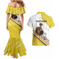 Personalized Funny Turkey Bowling Couples Matching Mermaid Dress and Hawaiian Shirt with Cool Sunglasses Pins Yellow and White - Wonder Print Shop