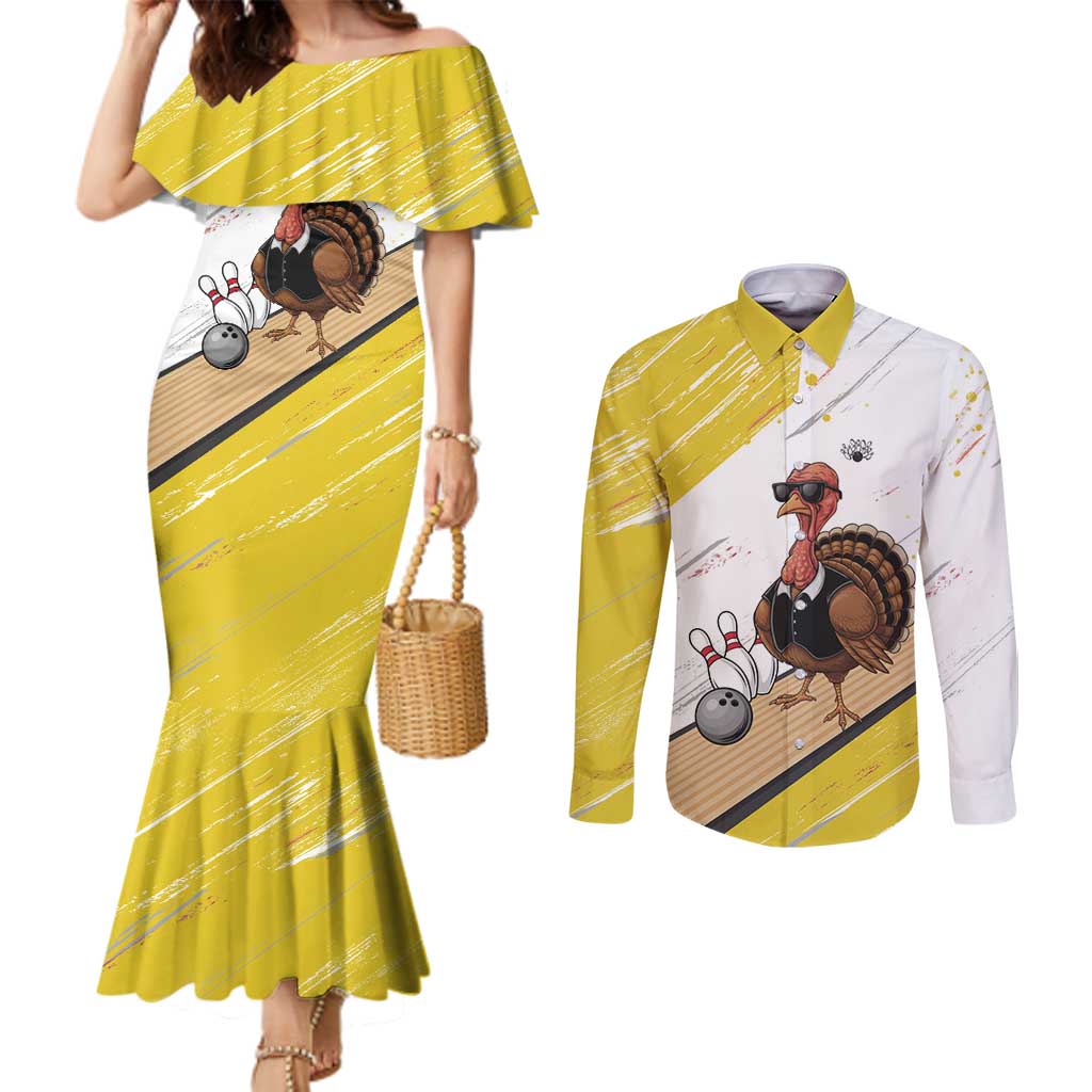 Personalized Funny Turkey Bowling Couples Matching Mermaid Dress and Long Sleeve Button Shirt with Cool Sunglasses Pins Yellow and White - Wonder Print Shop