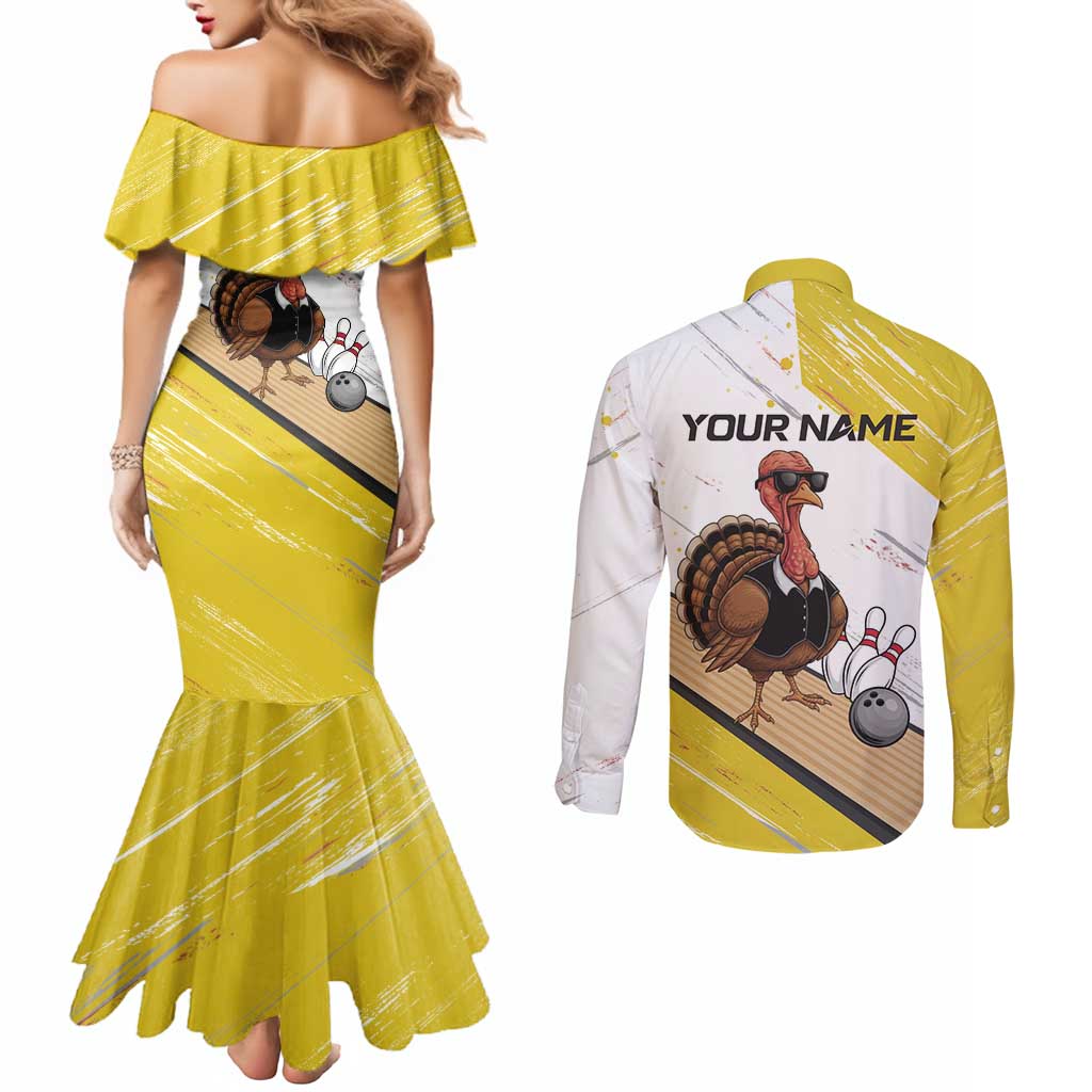 Personalized Funny Turkey Bowling Couples Matching Mermaid Dress and Long Sleeve Button Shirt with Cool Sunglasses Pins Yellow and White - Wonder Print Shop