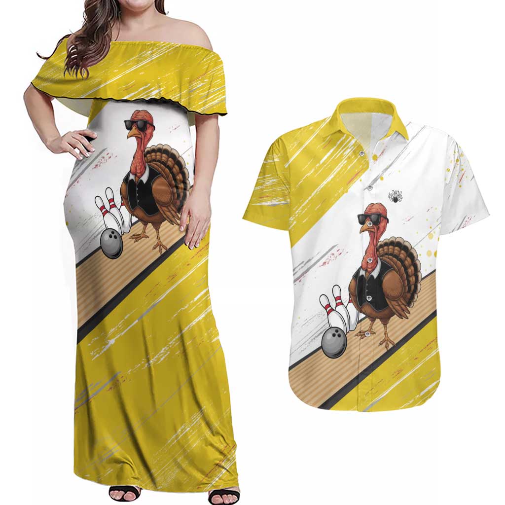Personalized Funny Turkey Bowling Couples Matching Off Shoulder Maxi Dress and Hawaiian Shirt with Cool Sunglasses Pins Yellow and White - Wonder Print Shop