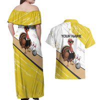 Personalized Funny Turkey Bowling Couples Matching Off Shoulder Maxi Dress and Hawaiian Shirt with Cool Sunglasses Pins Yellow and White - Wonder Print Shop