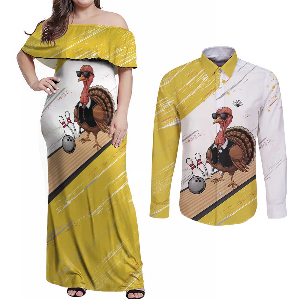 Personalized Funny Turkey Bowling Couples Matching Off Shoulder Maxi Dress and Long Sleeve Button Shirt with Cool Sunglasses Pins Yellow and White - Wonder Print Shop