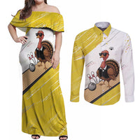 Personalized Funny Turkey Bowling Couples Matching Off Shoulder Maxi Dress and Long Sleeve Button Shirt with Cool Sunglasses Pins Yellow and White - Wonder Print Shop