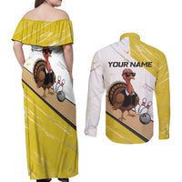 Personalized Funny Turkey Bowling Couples Matching Off Shoulder Maxi Dress and Long Sleeve Button Shirt with Cool Sunglasses Pins Yellow and White - Wonder Print Shop