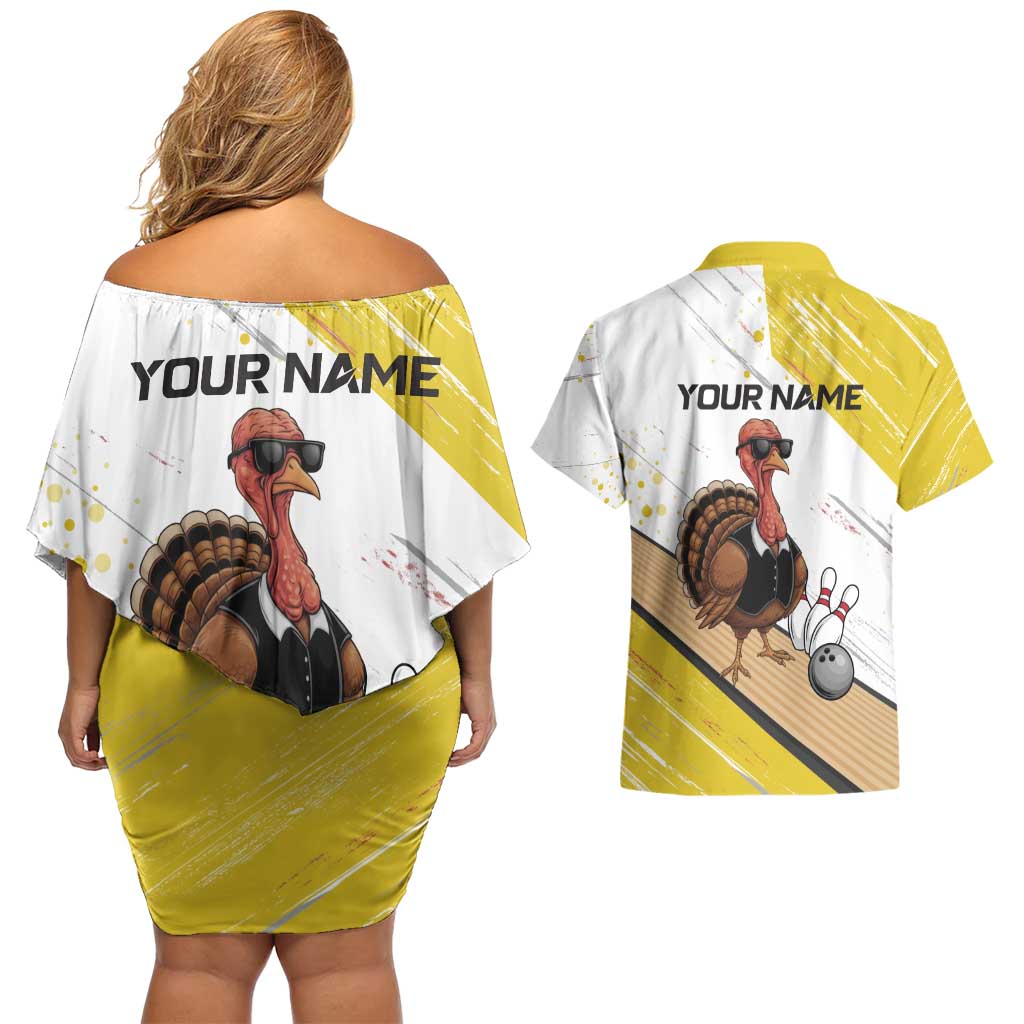 Personalized Funny Turkey Bowling Couples Matching Off Shoulder Short Dress and Hawaiian Shirt with Cool Sunglasses Pins Yellow and White - Wonder Print Shop