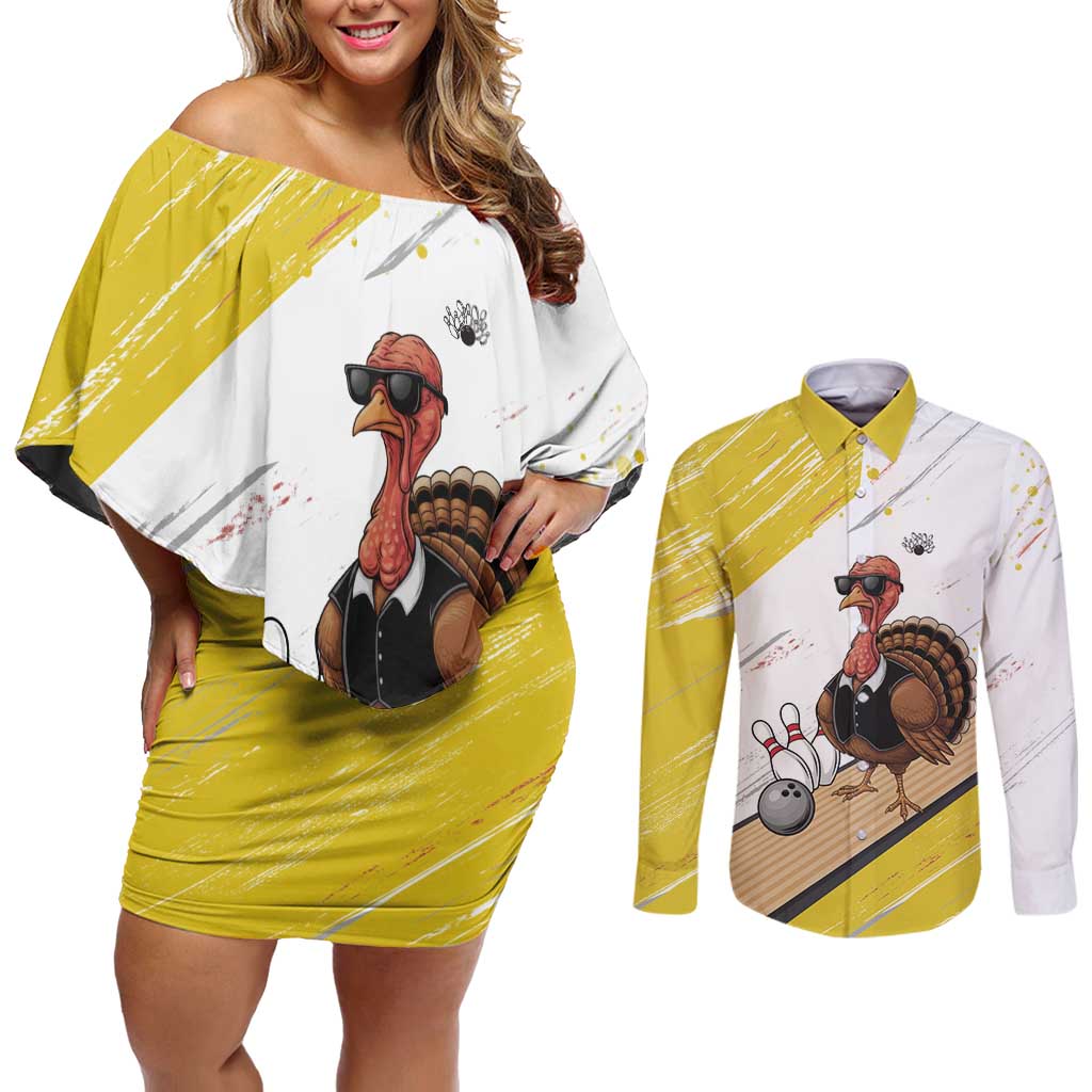 Personalized Funny Turkey Bowling Couples Matching Off Shoulder Short Dress and Long Sleeve Button Shirt with Cool Sunglasses Pins Yellow and White - Wonder Print Shop