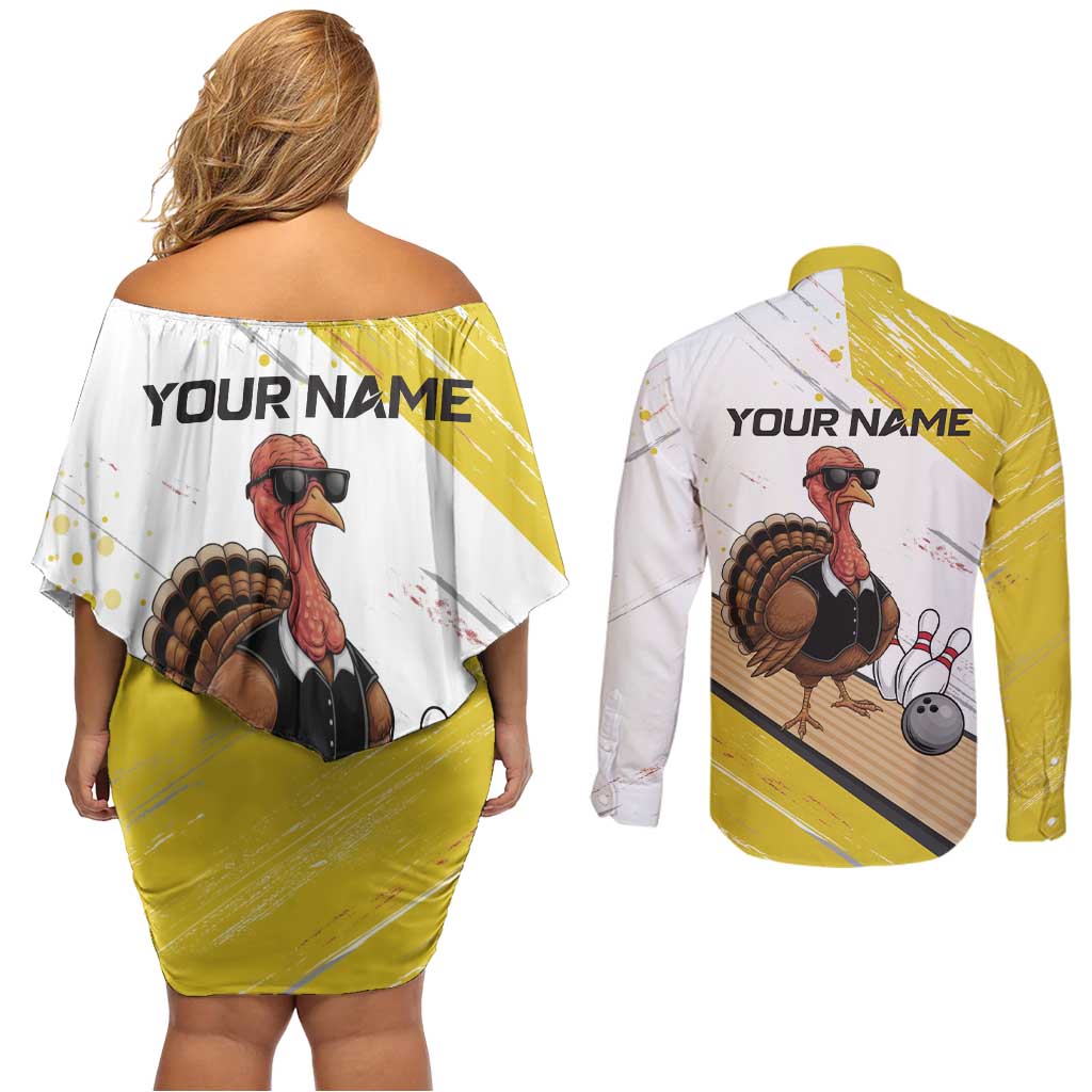 Personalized Funny Turkey Bowling Couples Matching Off Shoulder Short Dress and Long Sleeve Button Shirt with Cool Sunglasses Pins Yellow and White - Wonder Print Shop