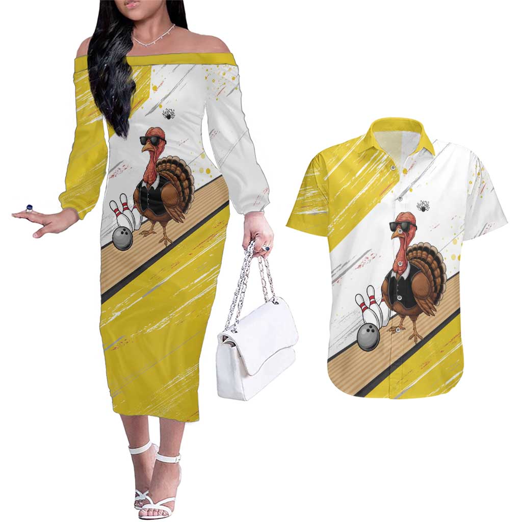 Personalized Funny Turkey Bowling Couples Matching Off The Shoulder Long Sleeve Dress and Hawaiian Shirt with Cool Sunglasses Pins Yellow and White - Wonder Print Shop