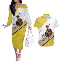 Personalized Funny Turkey Bowling Couples Matching Off The Shoulder Long Sleeve Dress and Hawaiian Shirt with Cool Sunglasses Pins Yellow and White - Wonder Print Shop