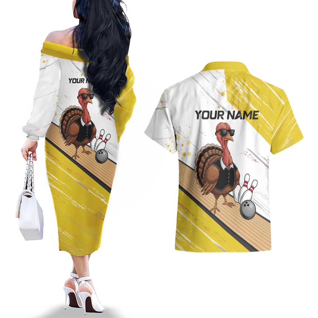 Personalized Funny Turkey Bowling Couples Matching Off The Shoulder Long Sleeve Dress and Hawaiian Shirt with Cool Sunglasses Pins Yellow and White - Wonder Print Shop