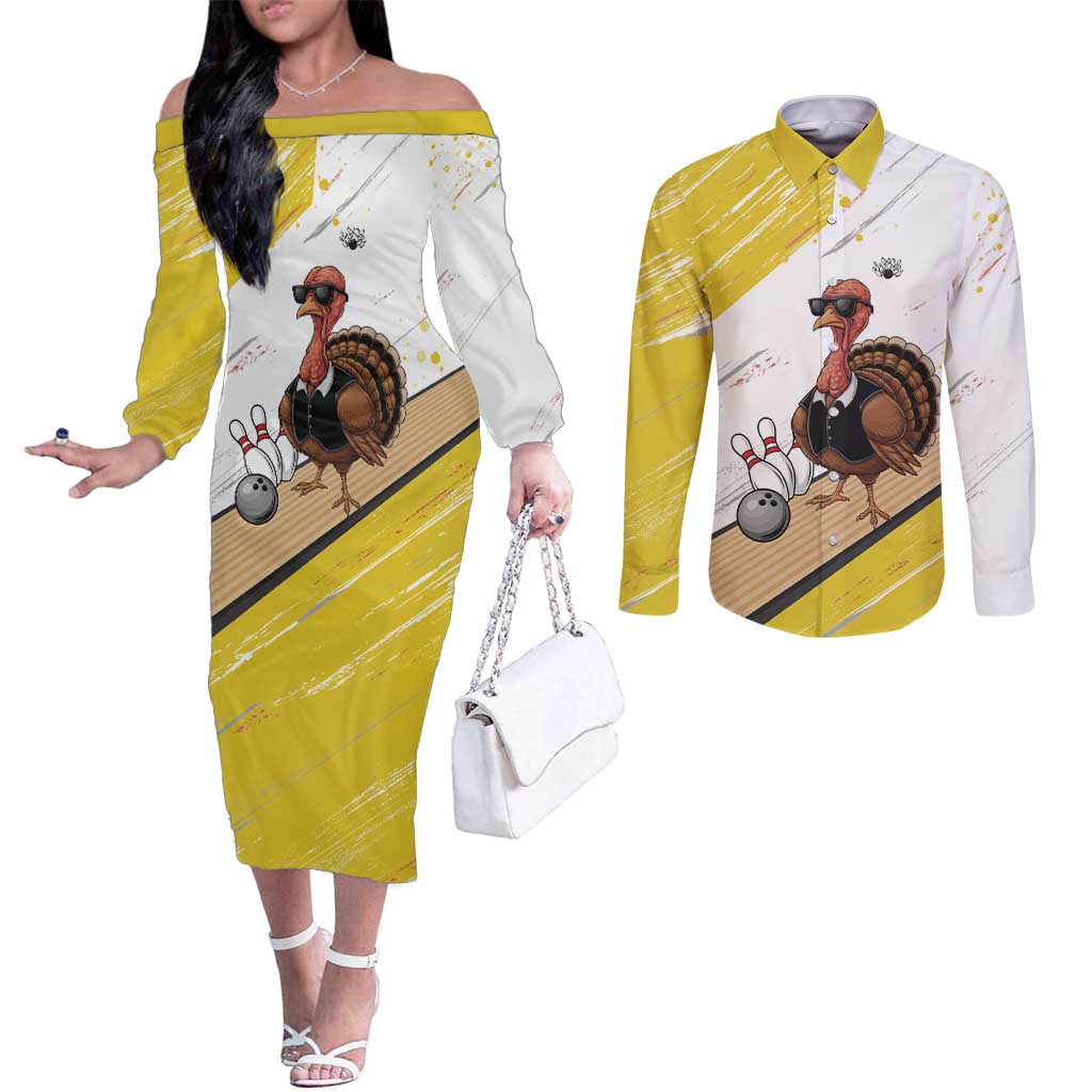 Personalized Funny Turkey Bowling Couples Matching Off The Shoulder Long Sleeve Dress and Long Sleeve Button Shirt with Cool Sunglasses Pins Yellow and White - Wonder Print Shop