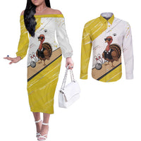Personalized Funny Turkey Bowling Couples Matching Off The Shoulder Long Sleeve Dress and Long Sleeve Button Shirt with Cool Sunglasses Pins Yellow and White - Wonder Print Shop