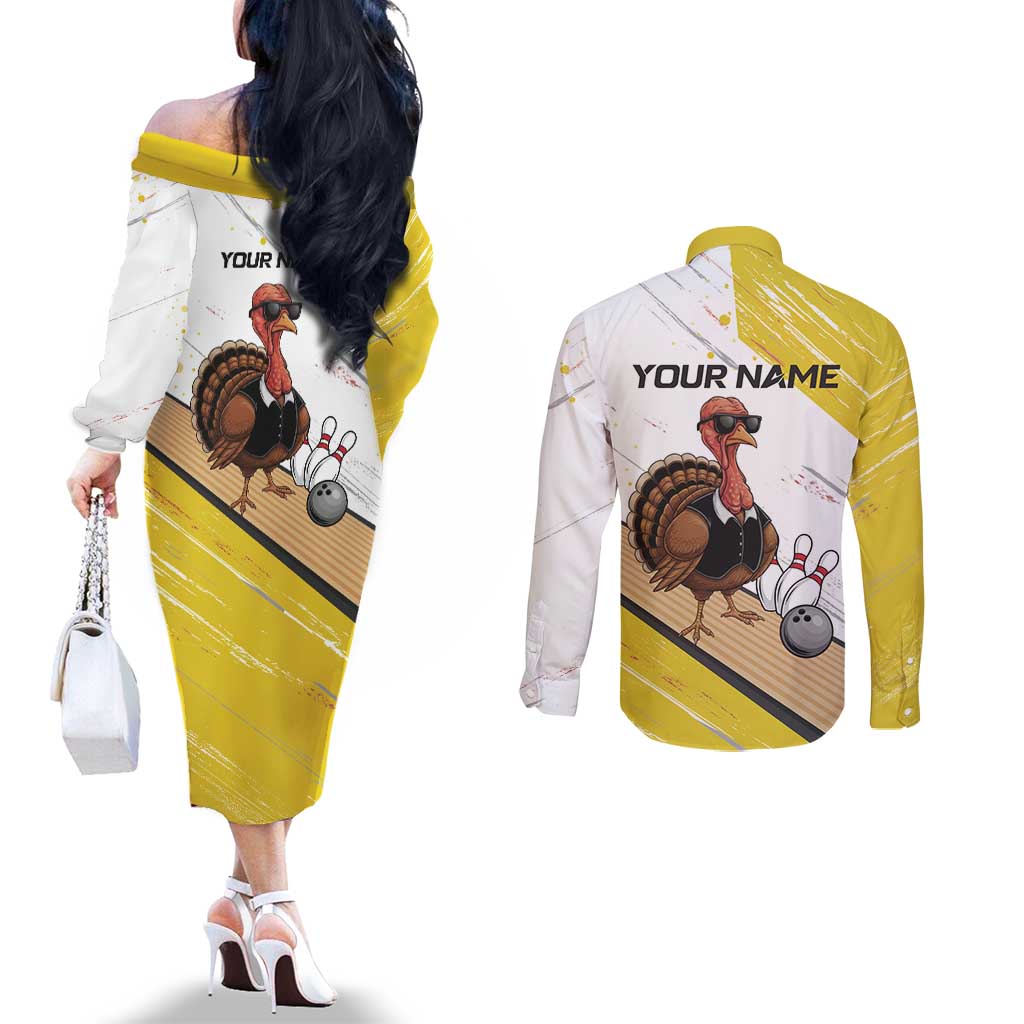Personalized Funny Turkey Bowling Couples Matching Off The Shoulder Long Sleeve Dress and Long Sleeve Button Shirt with Cool Sunglasses Pins Yellow and White - Wonder Print Shop