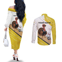 Personalized Funny Turkey Bowling Couples Matching Off The Shoulder Long Sleeve Dress and Long Sleeve Button Shirt with Cool Sunglasses Pins Yellow and White - Wonder Print Shop