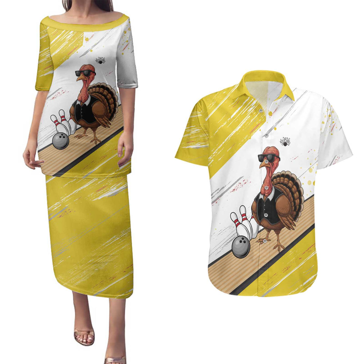 Personalized Funny Turkey Bowling Couples Matching Puletasi and Hawaiian Shirt with Cool Sunglasses Pins Yellow and White - Wonder Print Shop