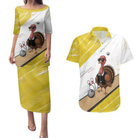 Personalized Funny Turkey Bowling Couples Matching Puletasi and Hawaiian Shirt with Cool Sunglasses Pins Yellow and White - Wonder Print Shop