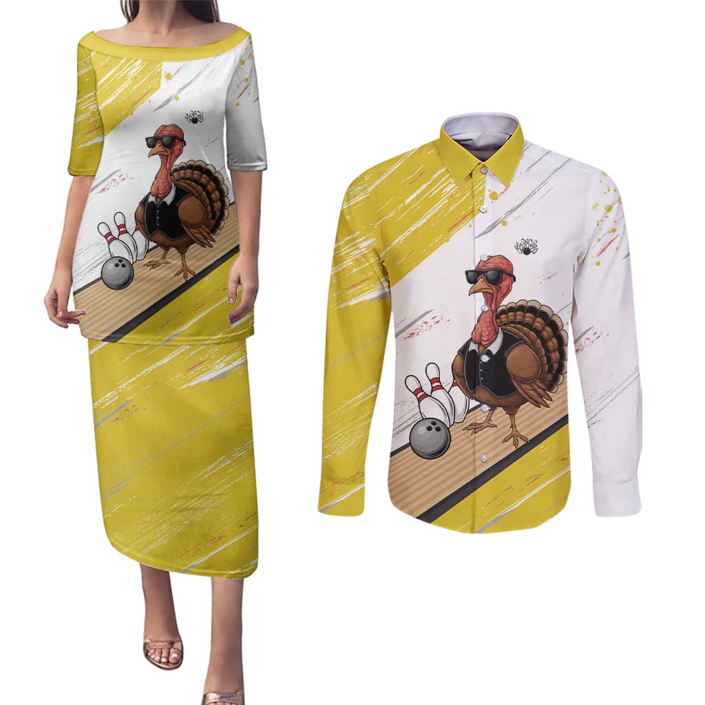 Personalized Funny Turkey Bowling Couples Matching Puletasi and Long Sleeve Button Shirt with Cool Sunglasses Pins Yellow and White - Wonder Print Shop