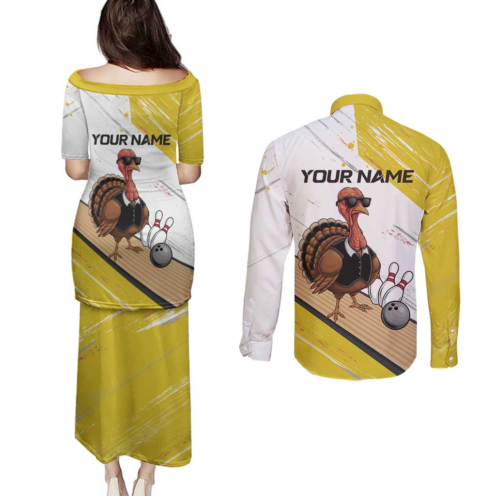 Personalized Funny Turkey Bowling Couples Matching Puletasi and Long Sleeve Button Shirt with Cool Sunglasses Pins Yellow and White - Wonder Print Shop