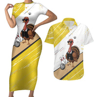 Personalized Funny Turkey Bowling Couples Matching Short Sleeve Bodycon Dress and Hawaiian Shirt with Cool Sunglasses Pins Yellow and White - Wonder Print Shop